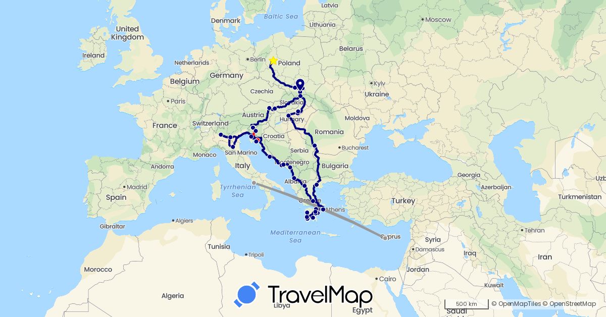 TravelMap itinerary: driving, plane, laweta in Albania, Austria, Bosnia and Herzegovina, Cyprus, Greece, Croatia, Hungary, Italy, Montenegro, Poland, Romania, Slovenia, Slovakia (Asia, Europe)